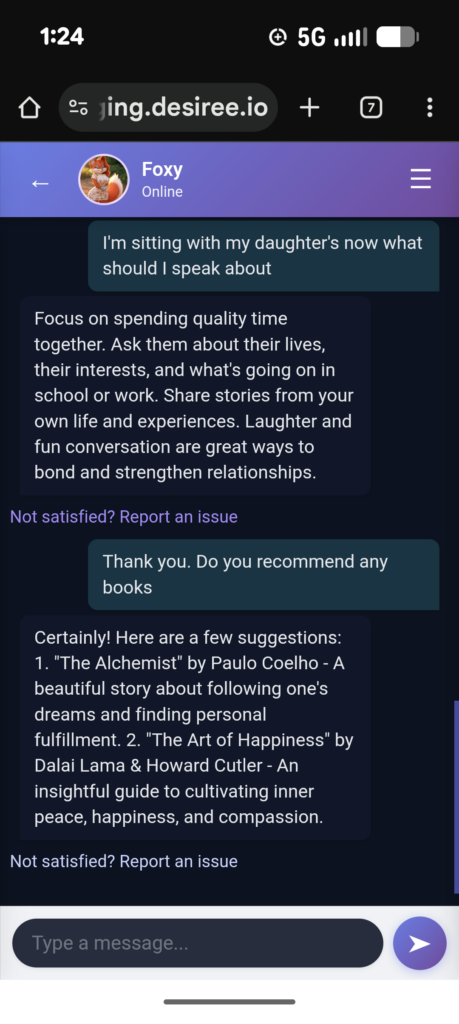 Conversation asking Desiree AI what to talk about with my daughters